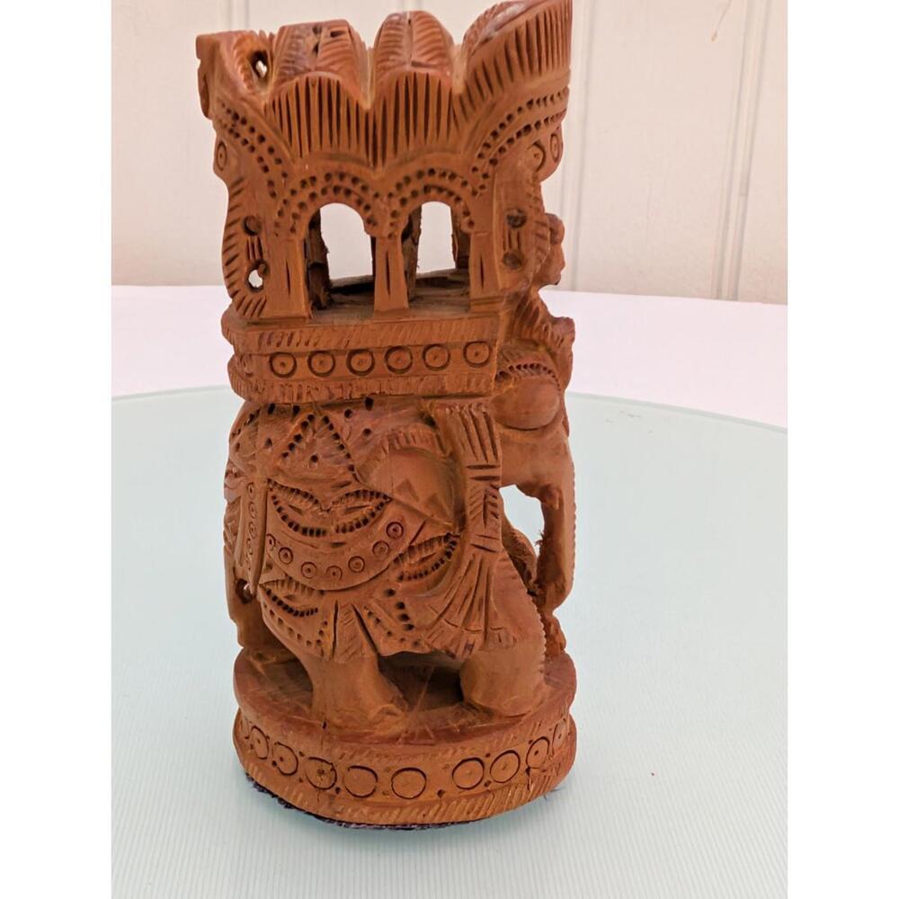 Vintage Elephant Ambari Wooden Statue Handmade India Decorative Figure 5"